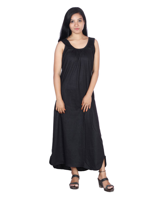 Womie Womens Black colored cotton long nighty Slips for night wear