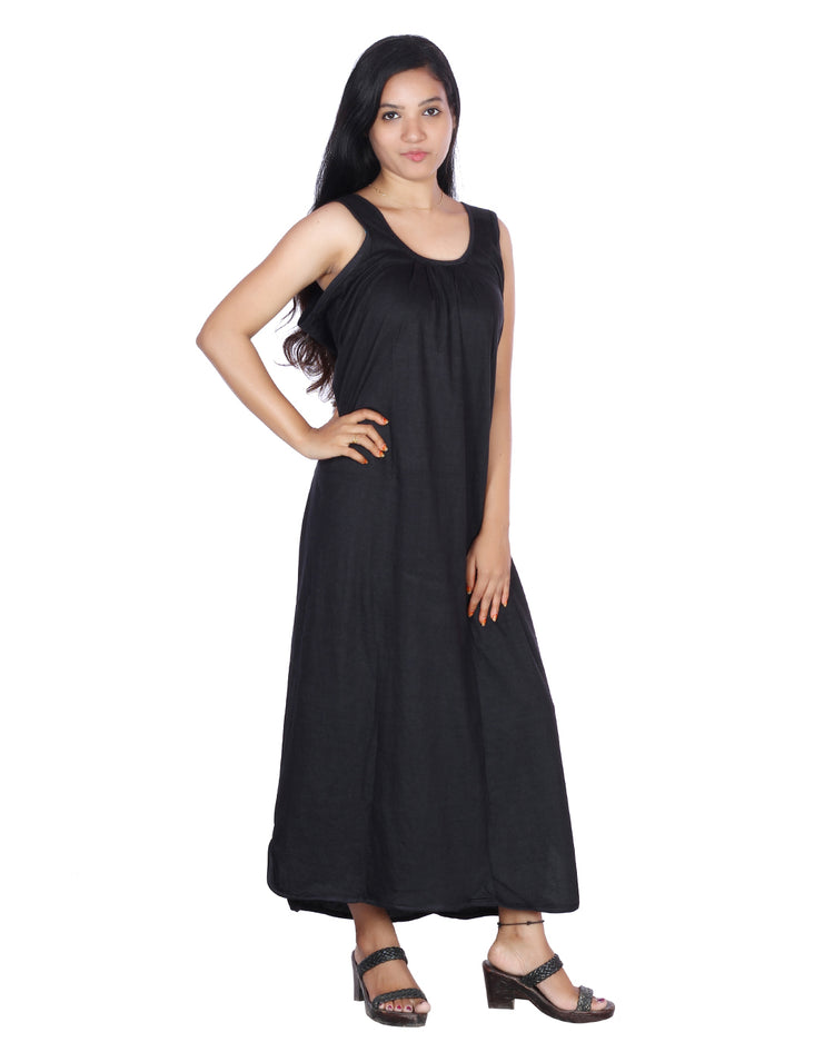 Womie Womens Black colored cotton long nighty Slips for night wear