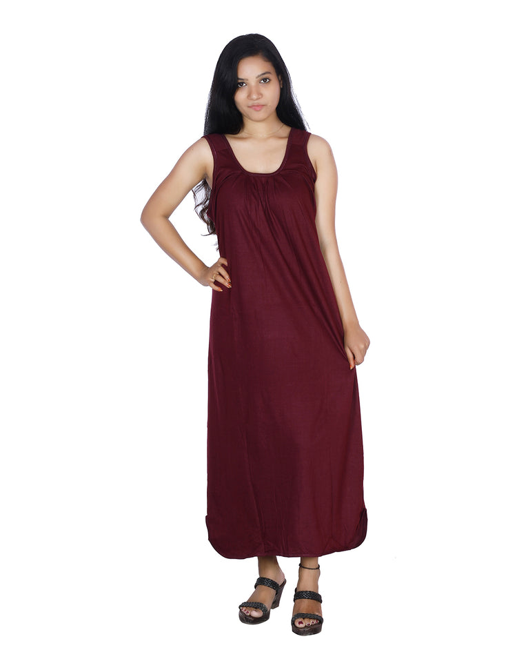 Womie Womens dark marron colored cotton long nighty Slip for night wear