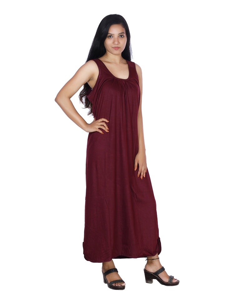 Womie Womens dark marron colored cotton long nighty Slip for night wear