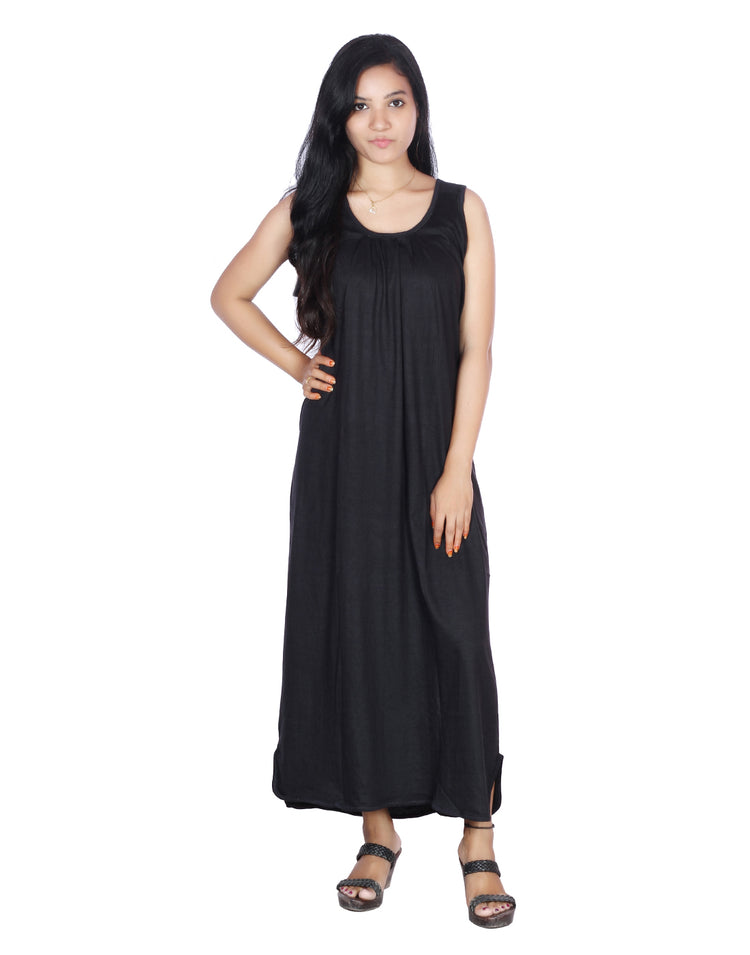 Womie Womens Black colored cotton long nighty Slips for night wear