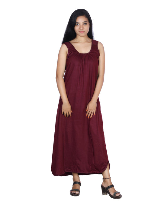 Womie Womens dark marron colored cotton long nighty Slip for night wear